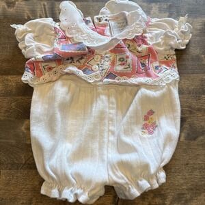 Vintage 80s 90s Happy Baby Pointelle Bubble Romper 3-6M Floral Lace Sunsuit